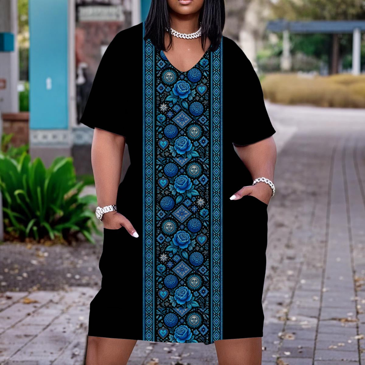 All-Over Print Women'S V Neck Short Sleeve Dress|Plus Size