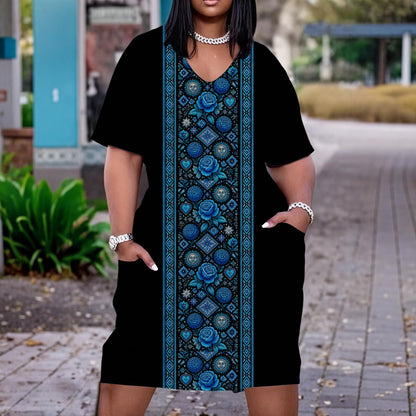 All-Over Print Women'S V Neck Short Sleeve Dress|Plus Size