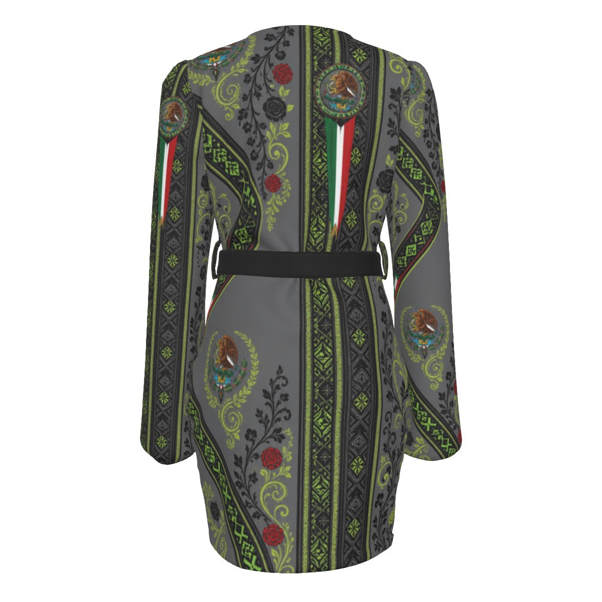 All-Over Print Women's Long Sleeve Dress With Waist Belt