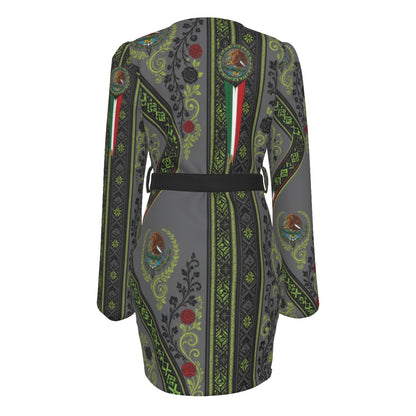 All-Over Print Women's Long Sleeve Dress With Waist Belt