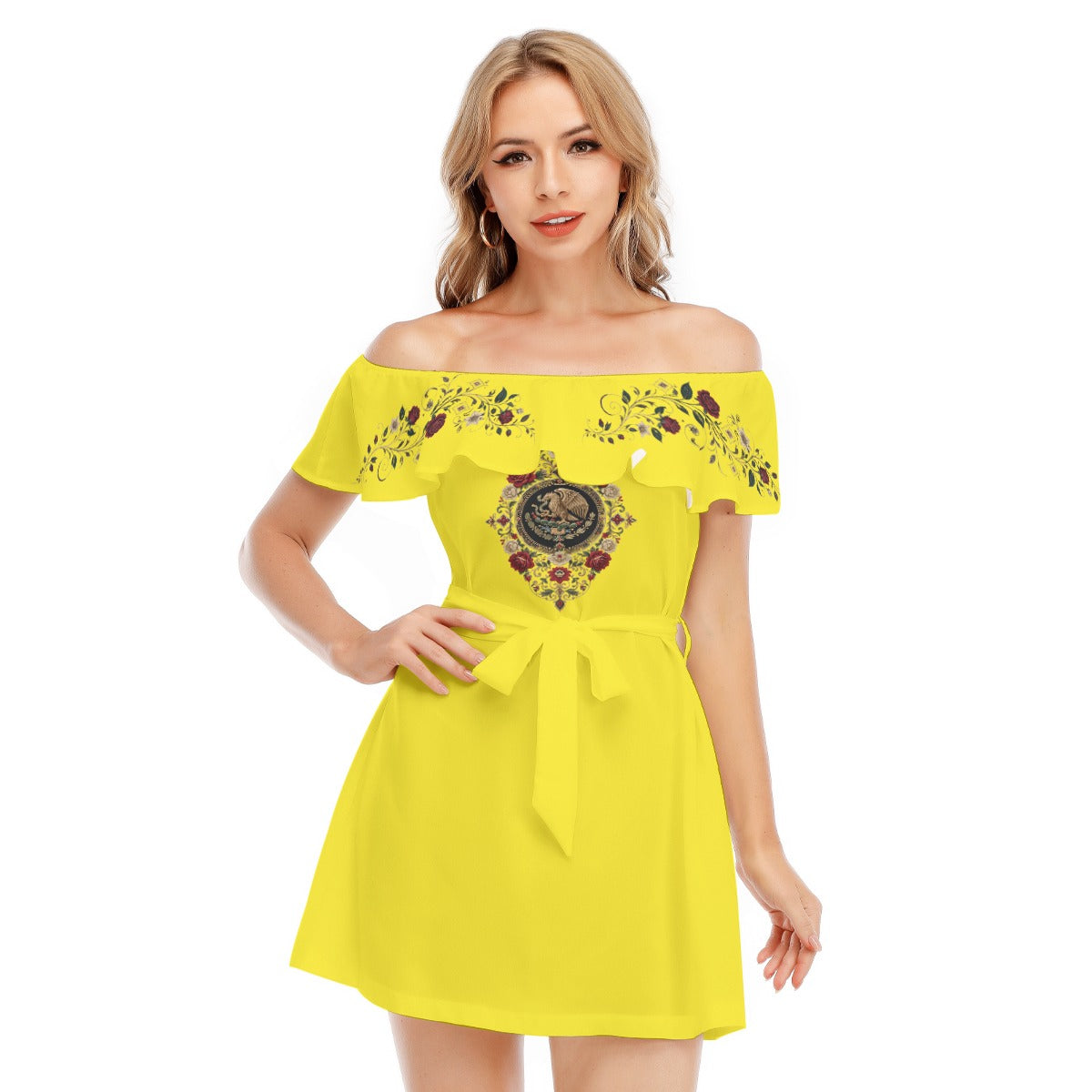 All-Over Print Women's Off-shoulder Dress With Ruffle