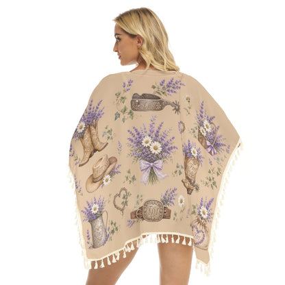 Country Theme Subtle FDT Poncho  Beach Cover Up, Women's Square Fringed Shawl