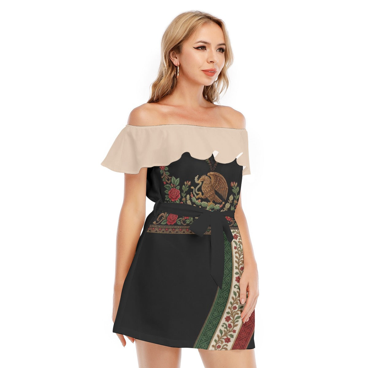 All-Over Print Women's Off-shoulder Dress With Ruffle