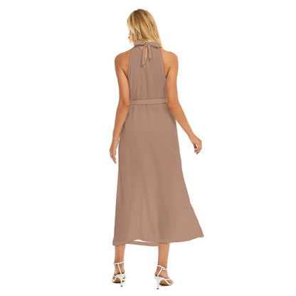 All-Over Print Women's Wrap Hem Belted Halter Dress