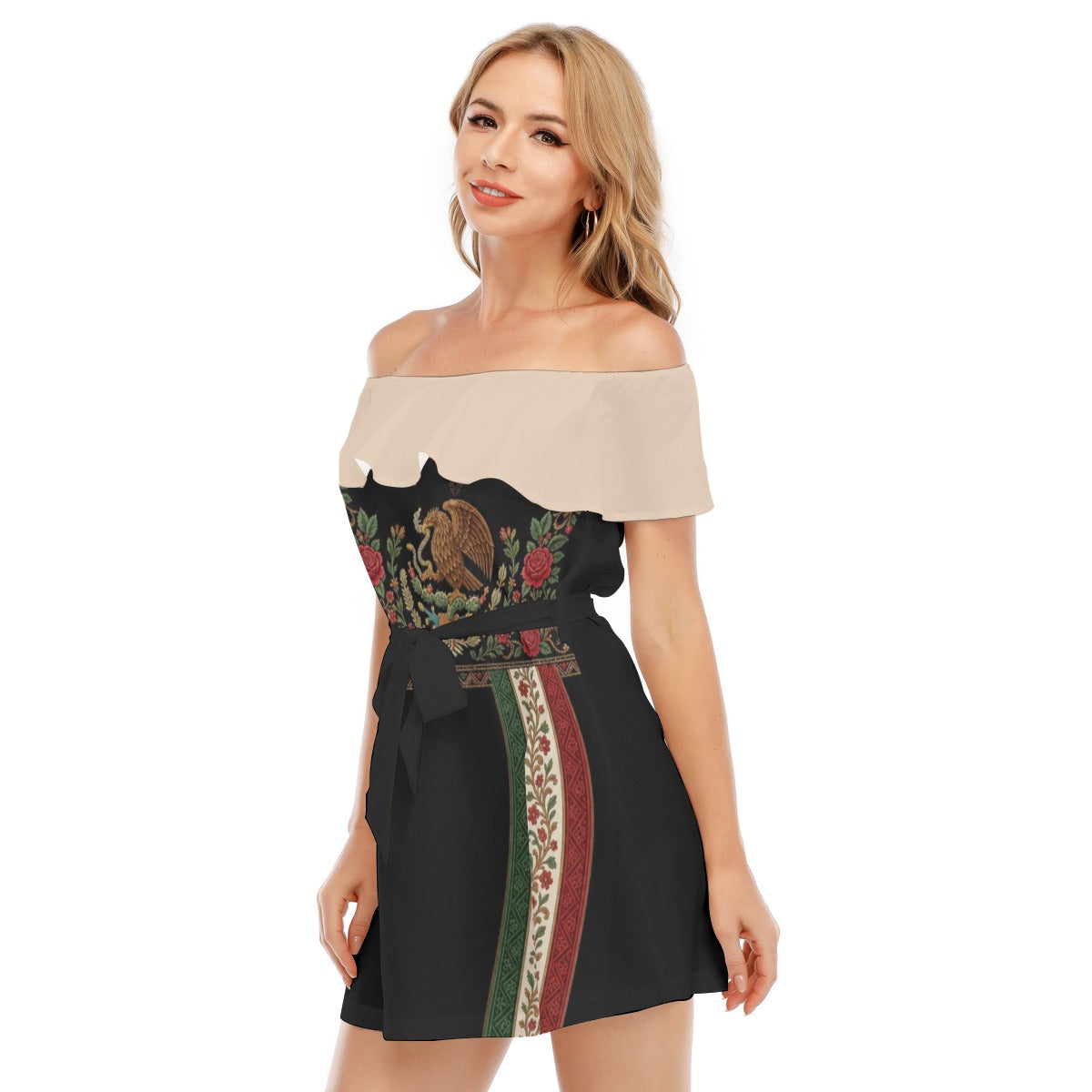 All-Over Print Women's Off-shoulder Dress With Ruffle