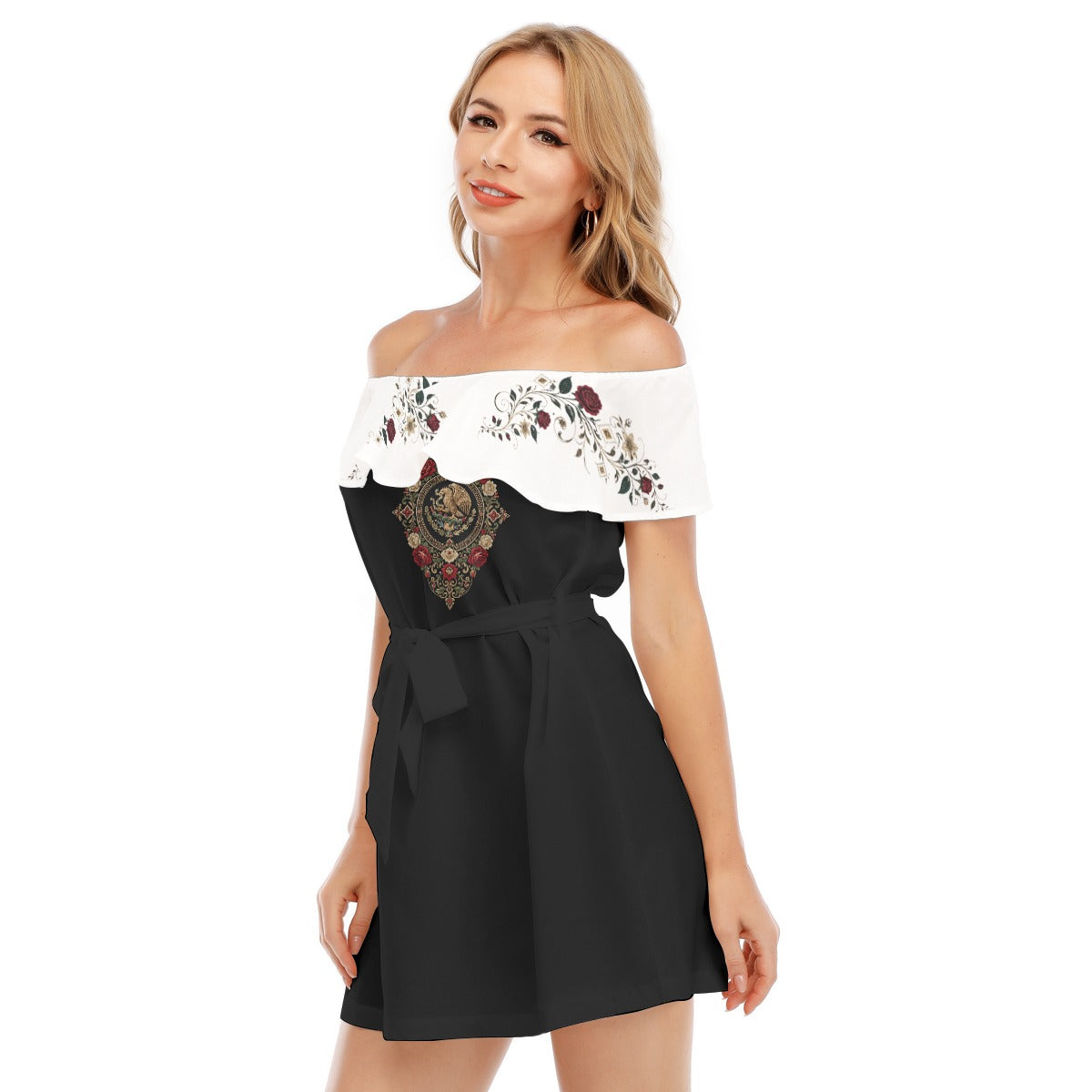 All-Over Print Women's Off-shoulder Dress With Ruffle