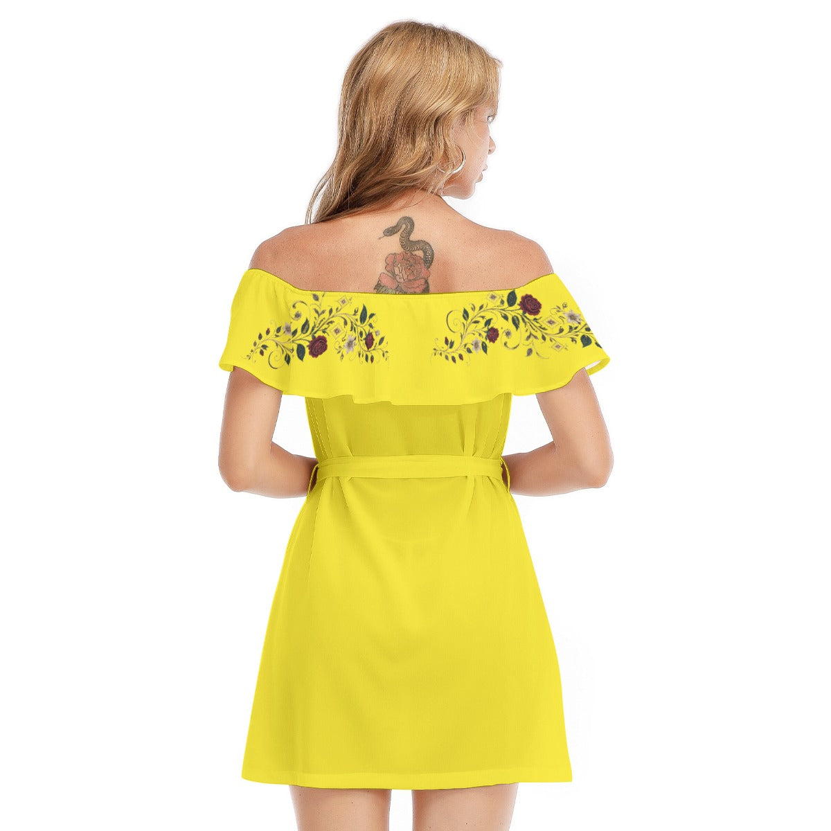 All-Over Print Women's Off-shoulder Dress With Ruffle
