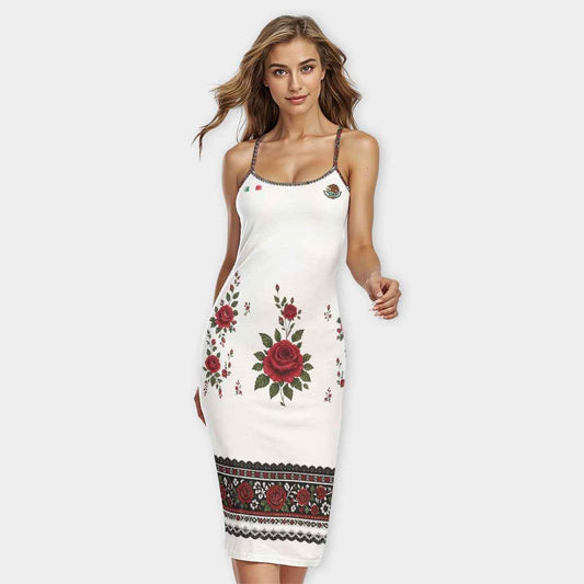 Mexican Traditional Elegant Designs All-Over Print Women's Bodycon Spaghetti Strap Midi Dress