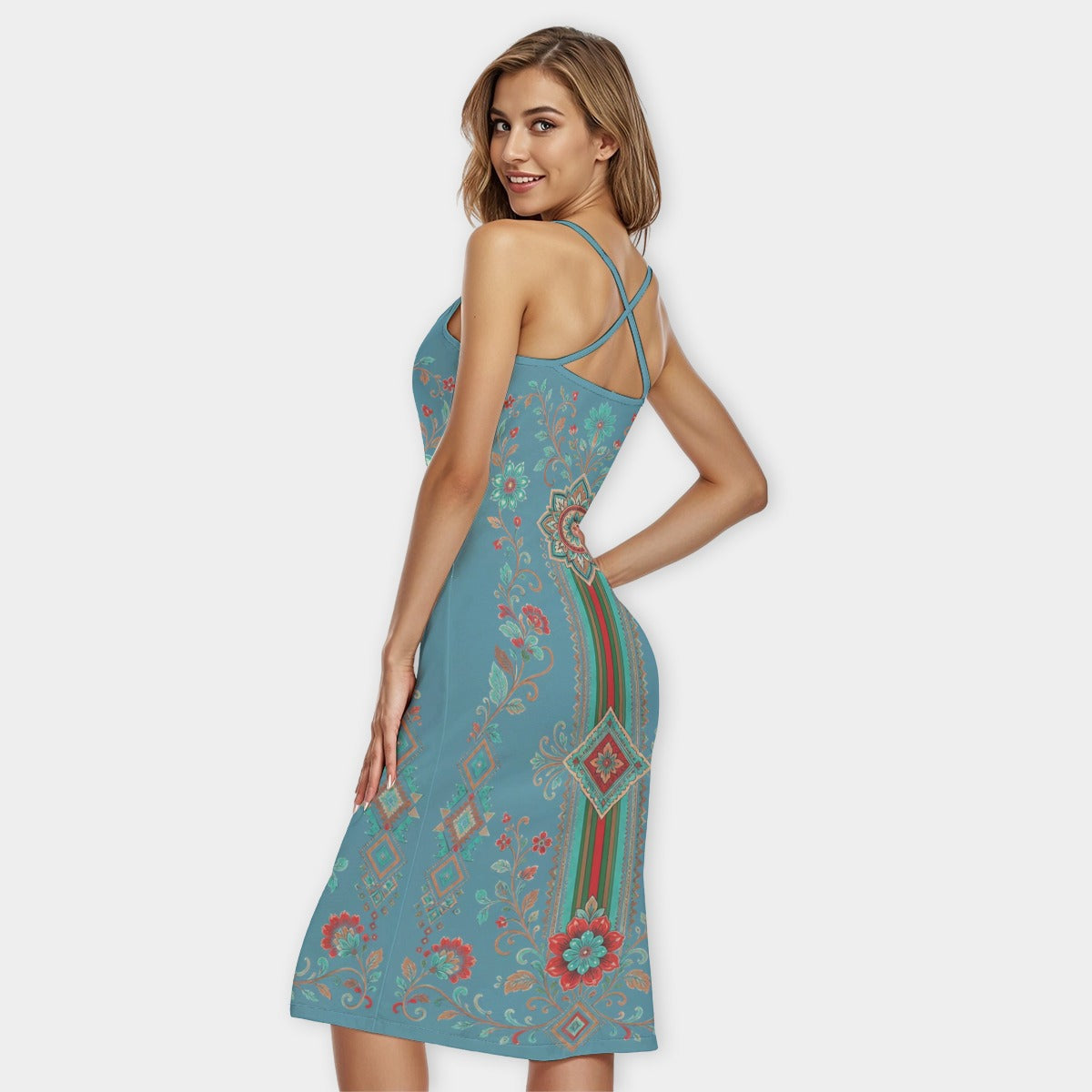 All-Over Print Women's Bodycon Spaghetti Strap Midi Dress
