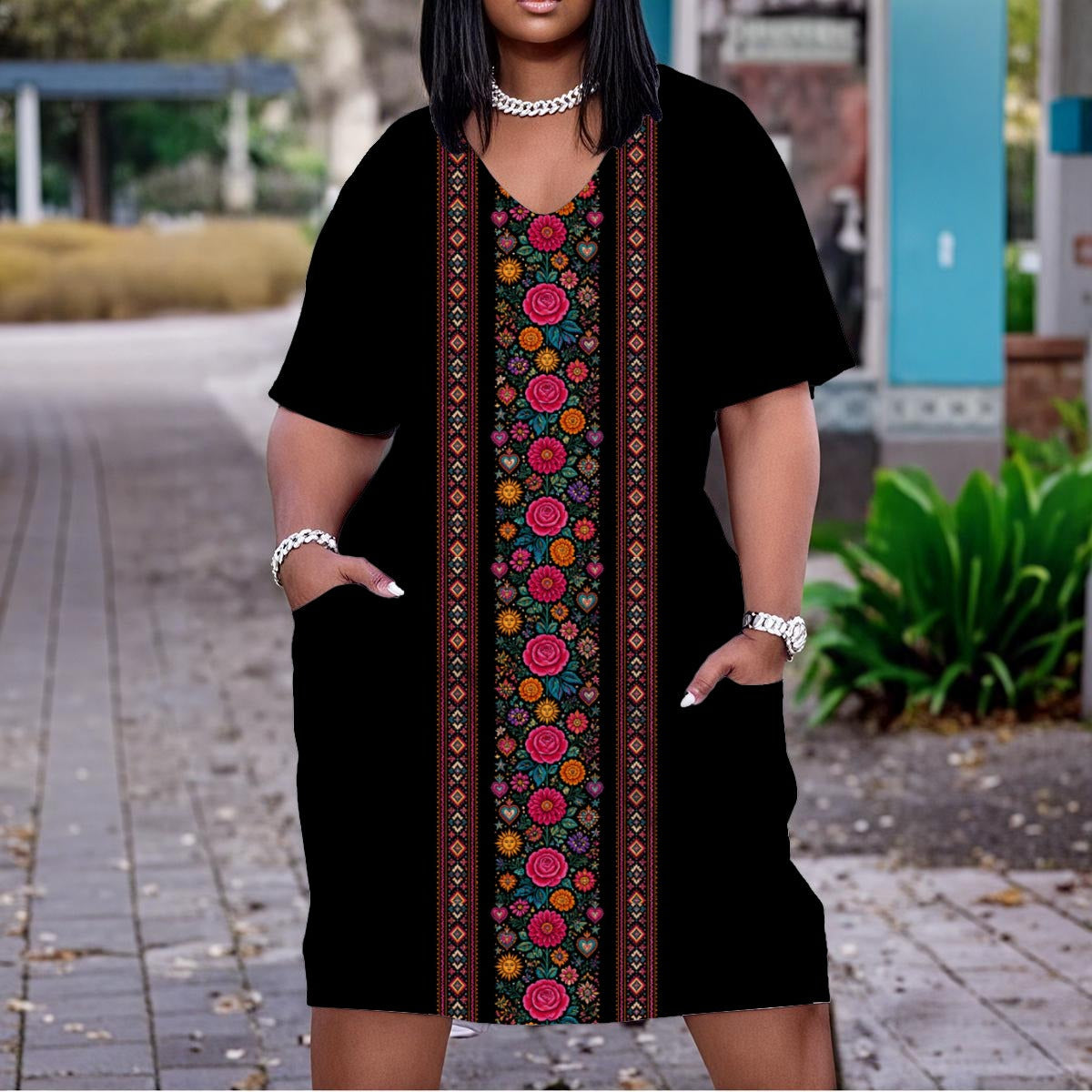 All-Over Print Women'S V Neck Short Sleeve Dress|Plus Size