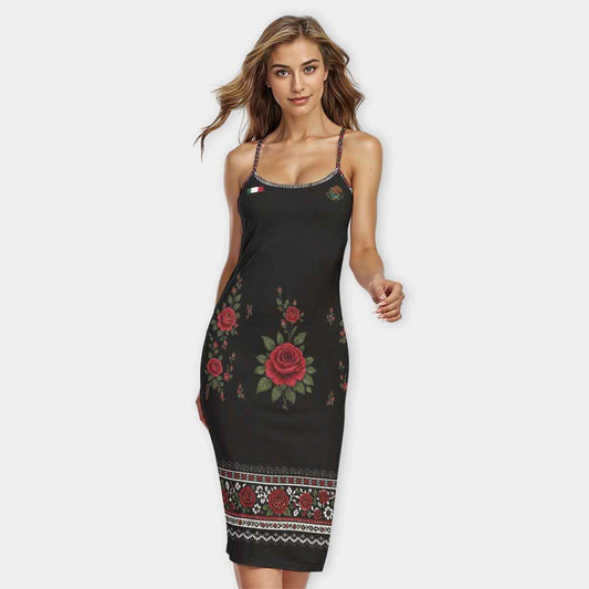 Mexican Traditional but Elegant Designs All-Over Print Women's Bodycon Spaghetti Strap Midi Dress