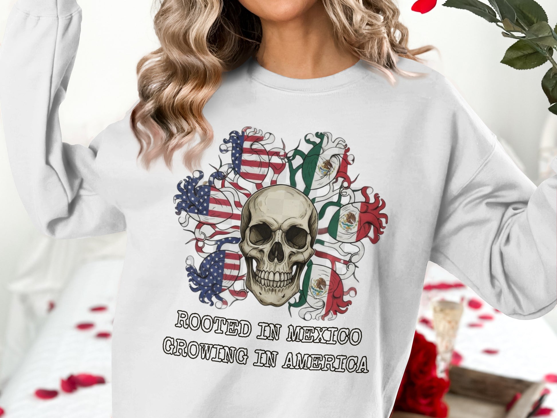 Rooted in Mexico Growing in America graphic sweatshirt