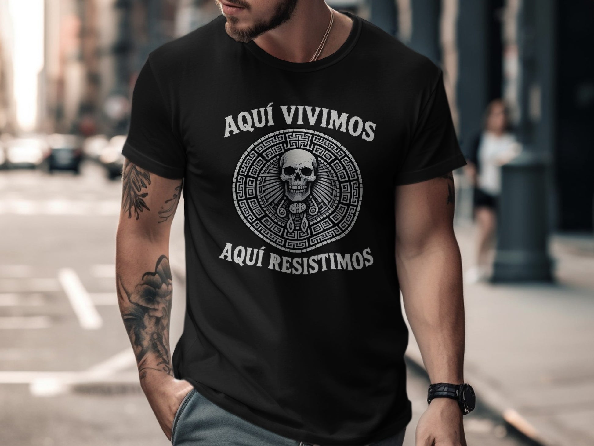 Aquí Vivimos Aquí Resistimos Skull Print T-shirt product type