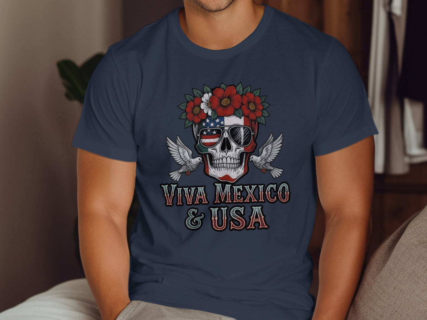 Viva Mexico and USA Skull with Roses T-shirt product type