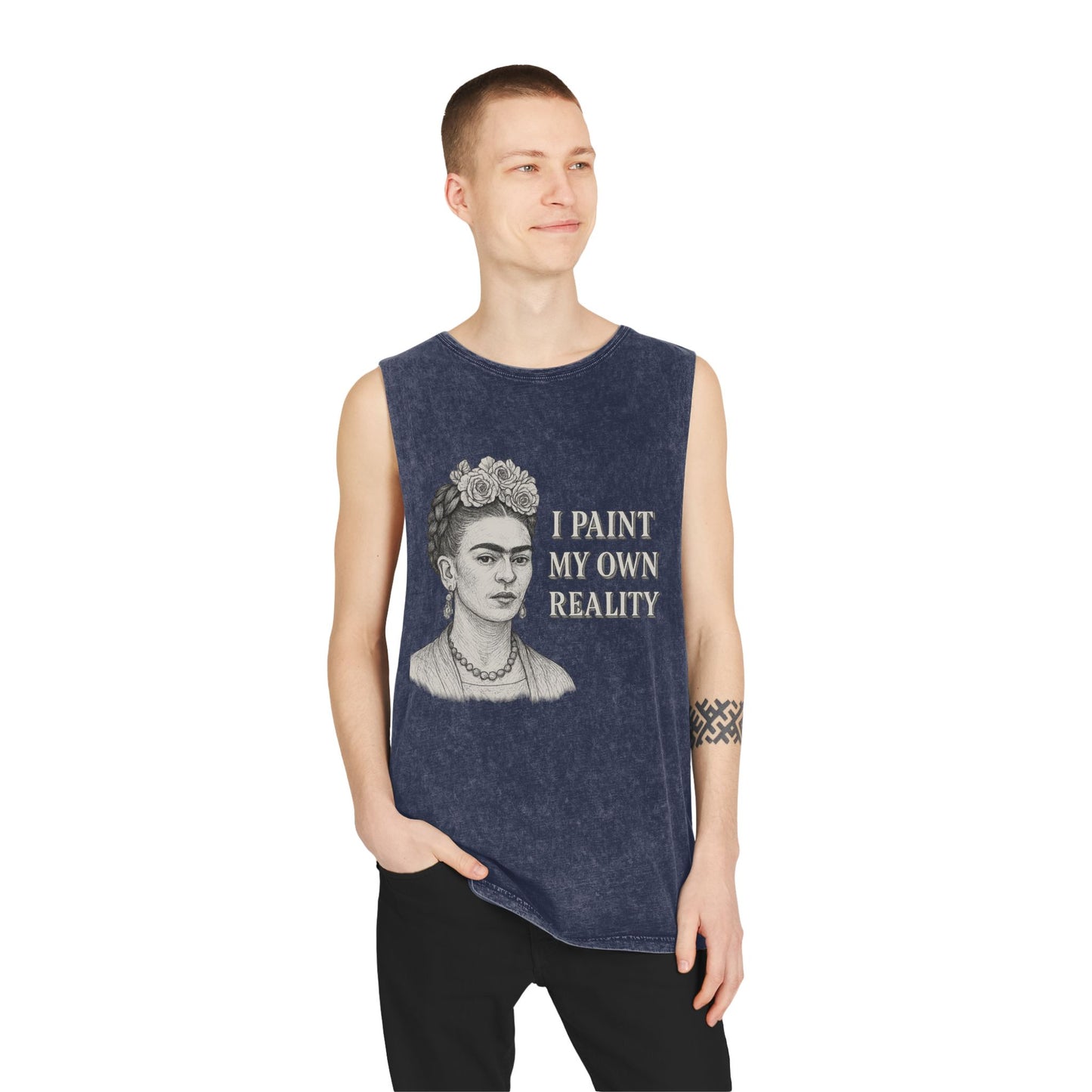 Frida Kahlo Inspirational Stonewash Tank Top, Unisex Graphic Muscle Shirt, Art Lover Gift, Bohemian Summer Top, Creative Reality Apparel