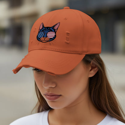 Distressed Orange Baseball Cap with Cool Cat Patch product