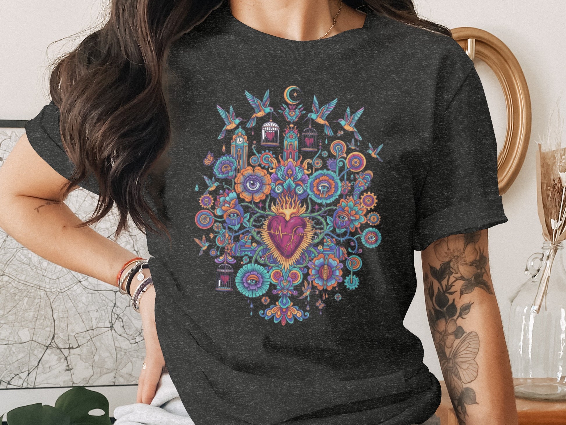 Sacred Heart Folk Art Hummingbird Moon Flowers Vibrant product type