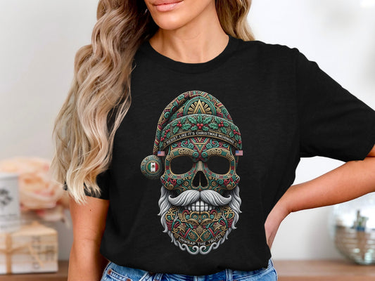 Unique Festive Santa Skull Design Graphic Tee