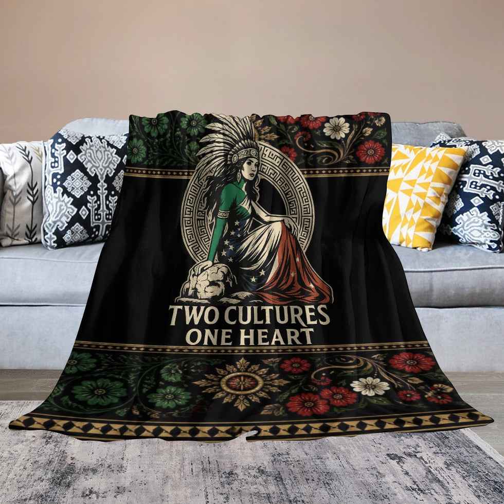 Two Cultures One Heart Proud Amexican Ultra-Soft Flannel Blanket Multiple Sizes
