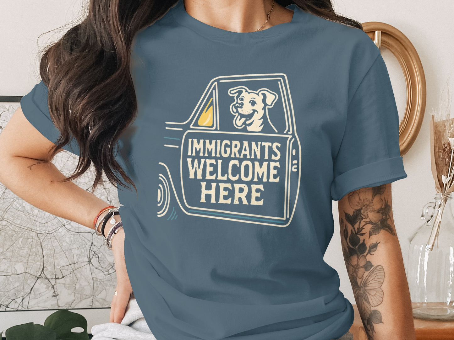 Immigrants Welcome Here Dog Design Blue T-Shirt