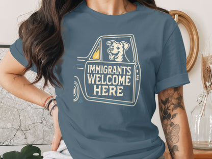 Immigrants Welcome Here Dog Design Blue T-Shirt
