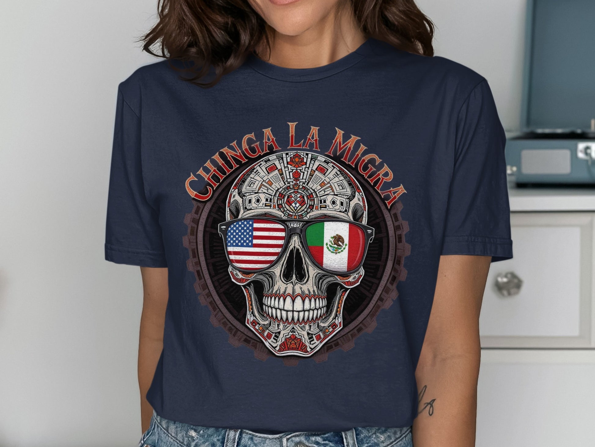 Chinga La Migra Skull with Flags Design T-shirt product