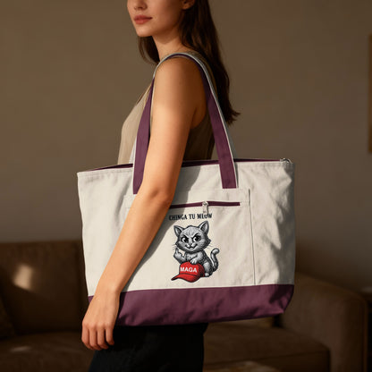 White tote bag with cat graphic and "CHINGA TU MEUW MAGA" text.
