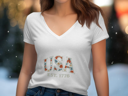 USA EST 1776 Patriotic Graphic V-Neck Tee product