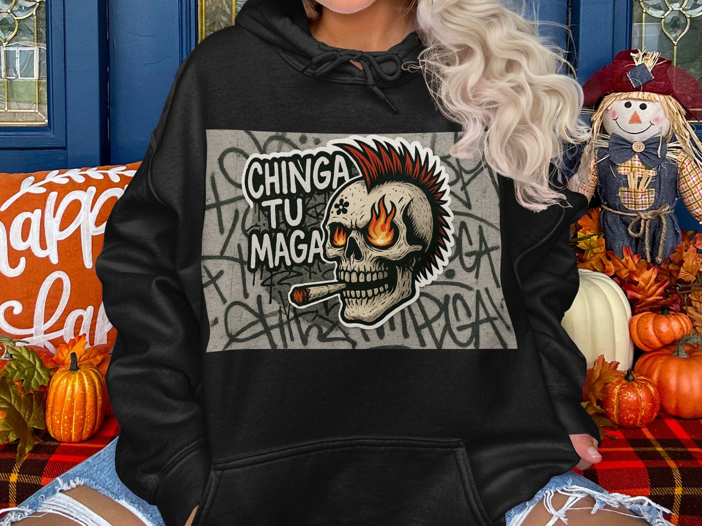 Edgy Skull Graffiti Hoodie Bold Character Product