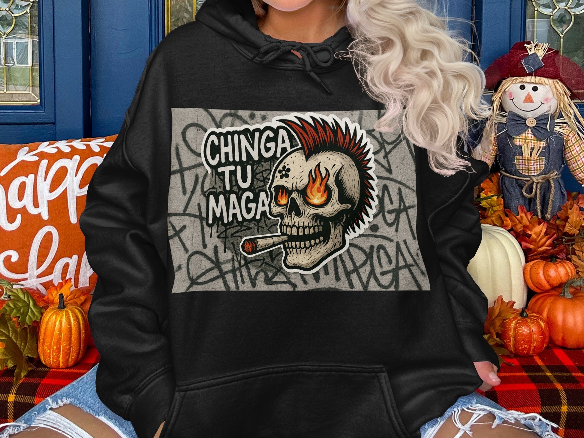 Edgy Skull Graffiti Hoodie Bold Character Product
