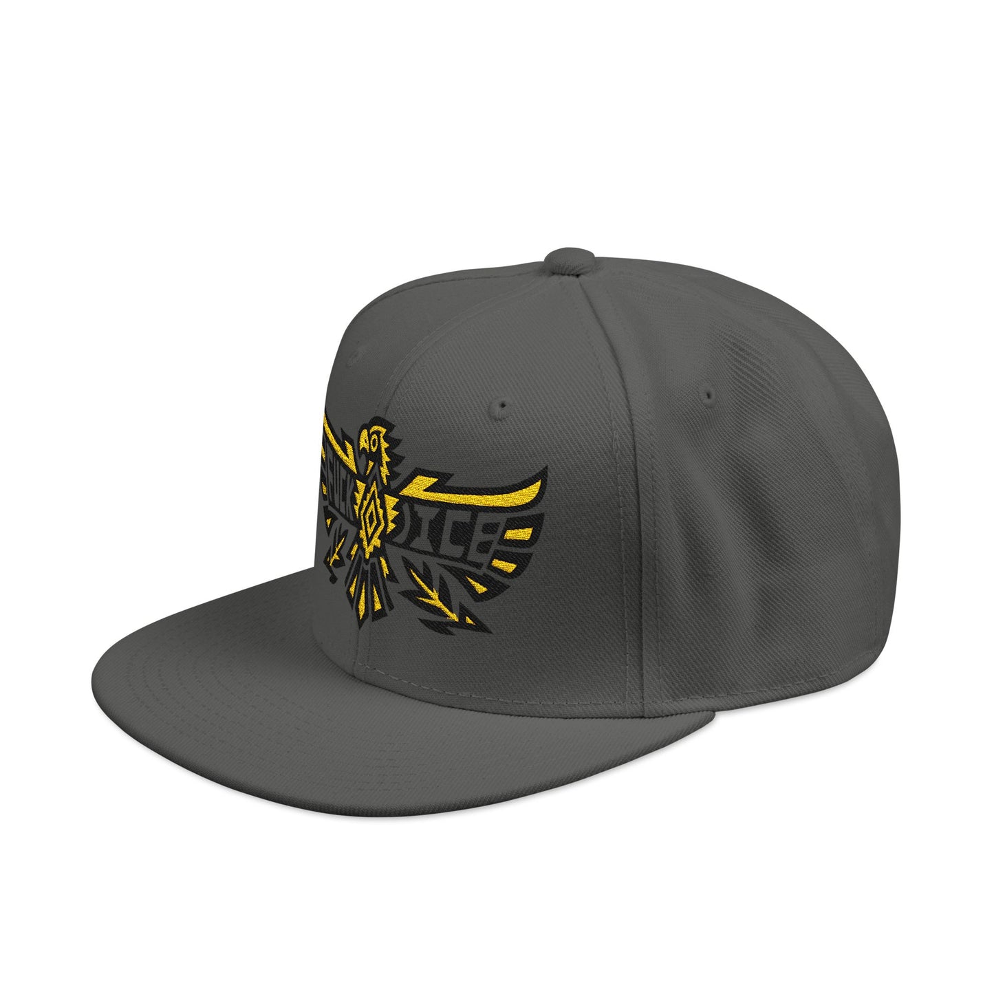Dark gray flat brim cap with yellow and black eagle and text logo.