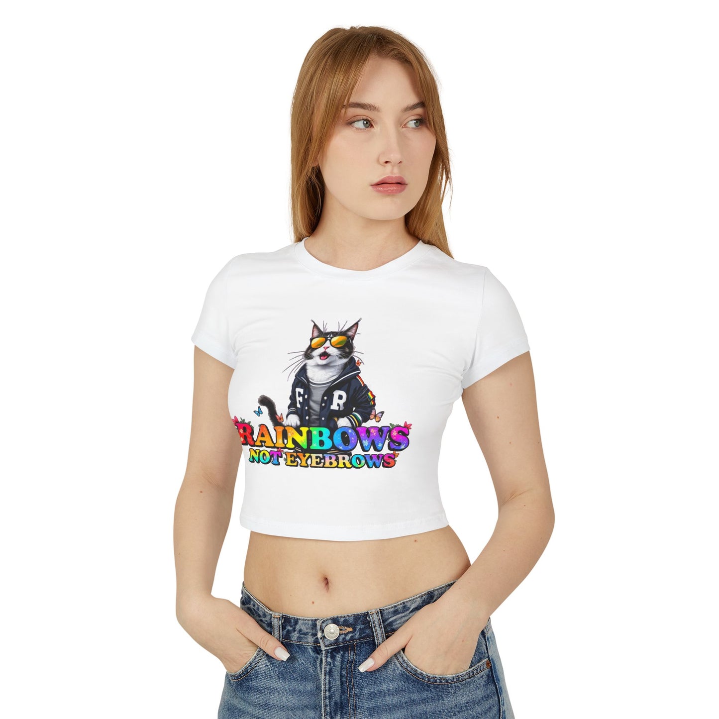 Rainbow Cat Women's Baby Tee - Fun & Playful Graphic T-Shirt