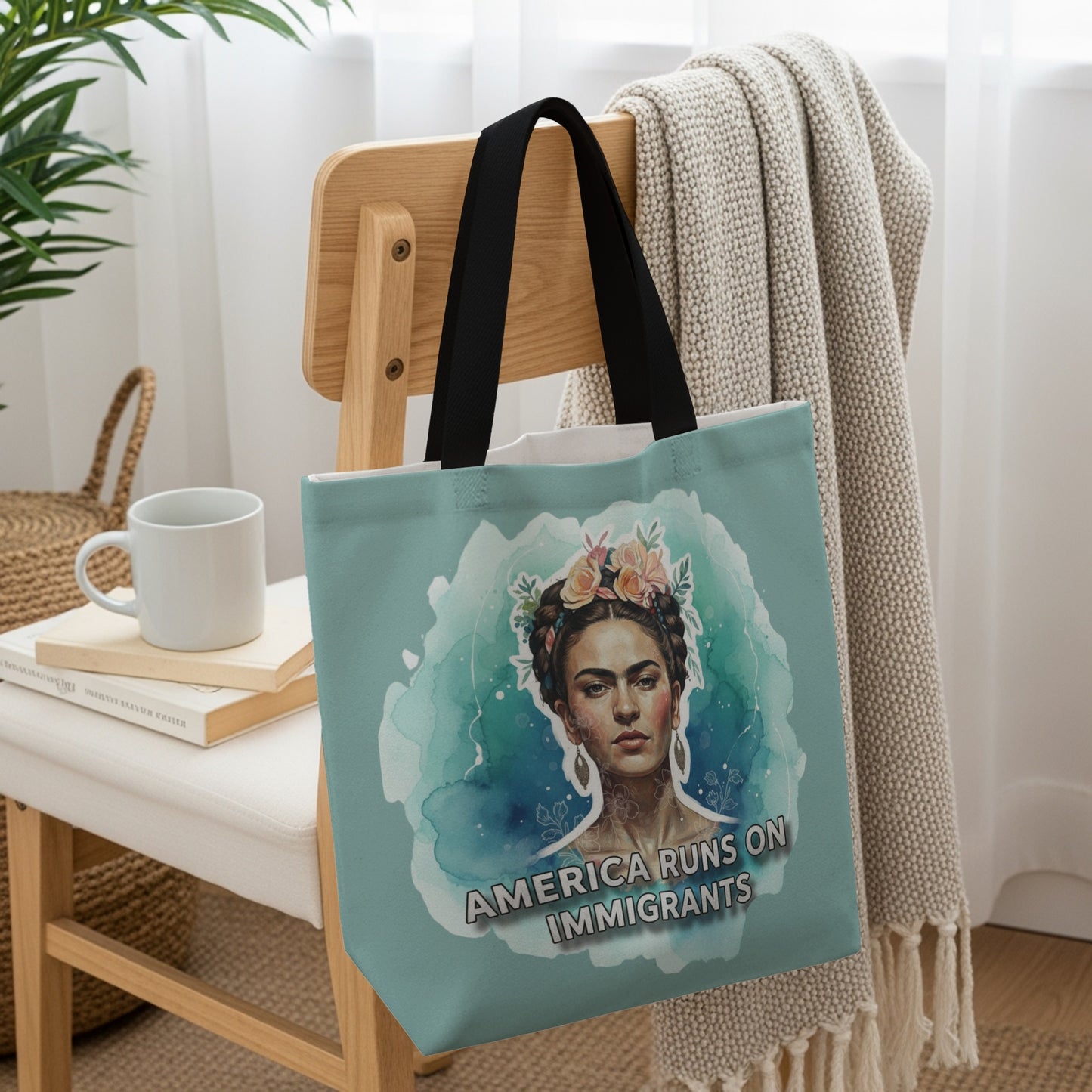 Tote bag featuring a watercolor portrait of Frida Kahlo with the text "AMERICA RUNS ON IMMIGRANTS".