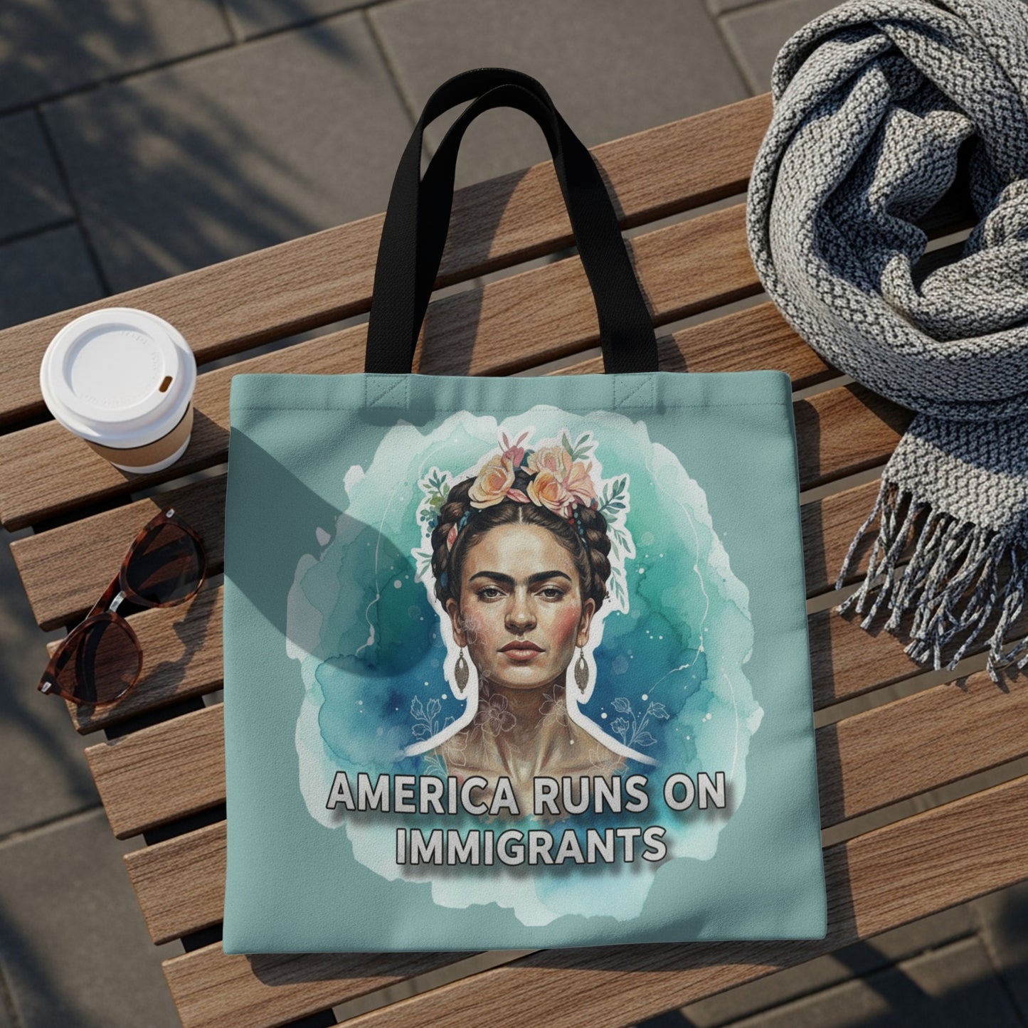 Tote bag with Frida Kahlo and "America Runs on Immigrants" text.