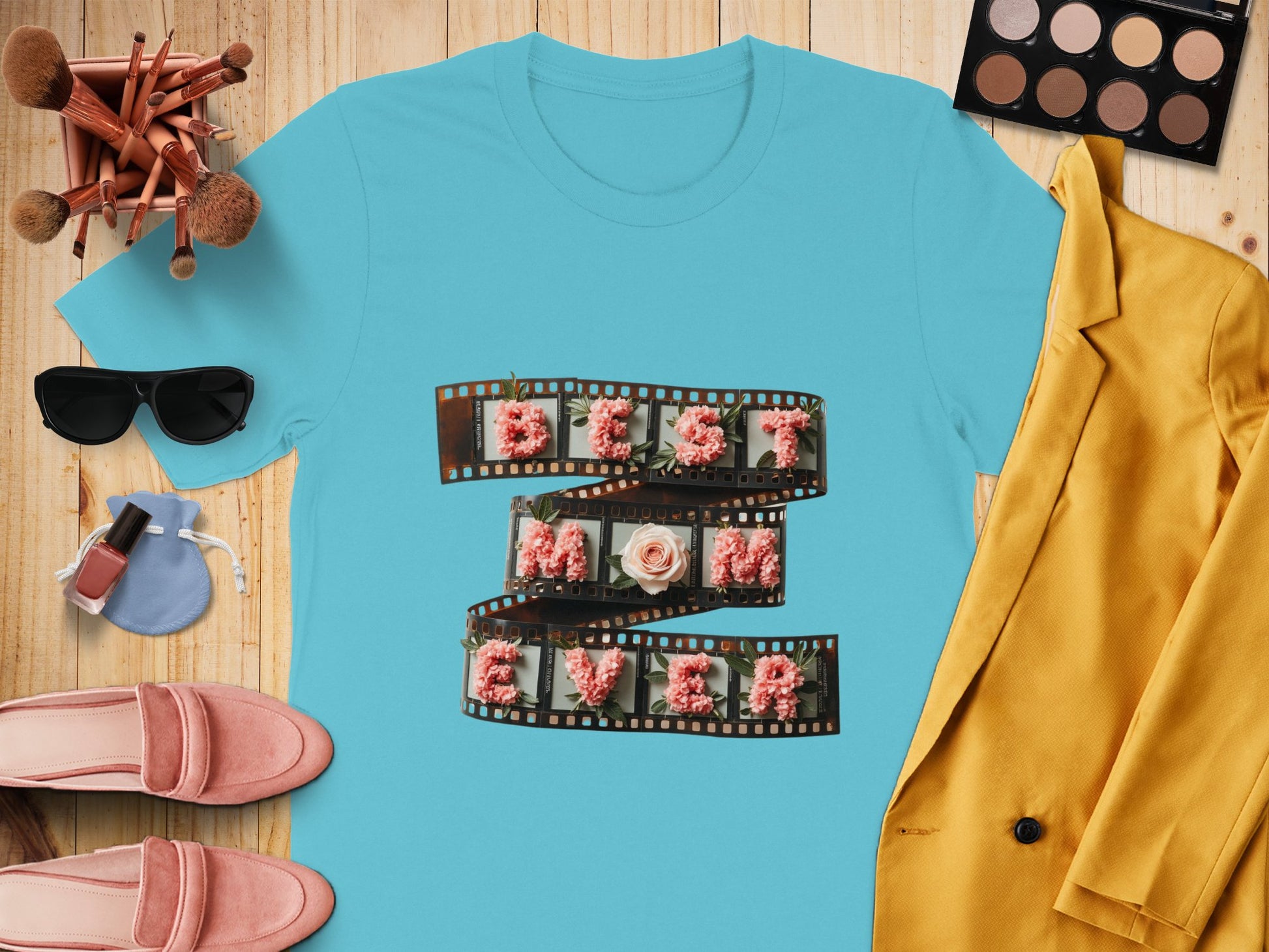 Stylish Filmstrip Flower Design Teal T-Shirt product type
