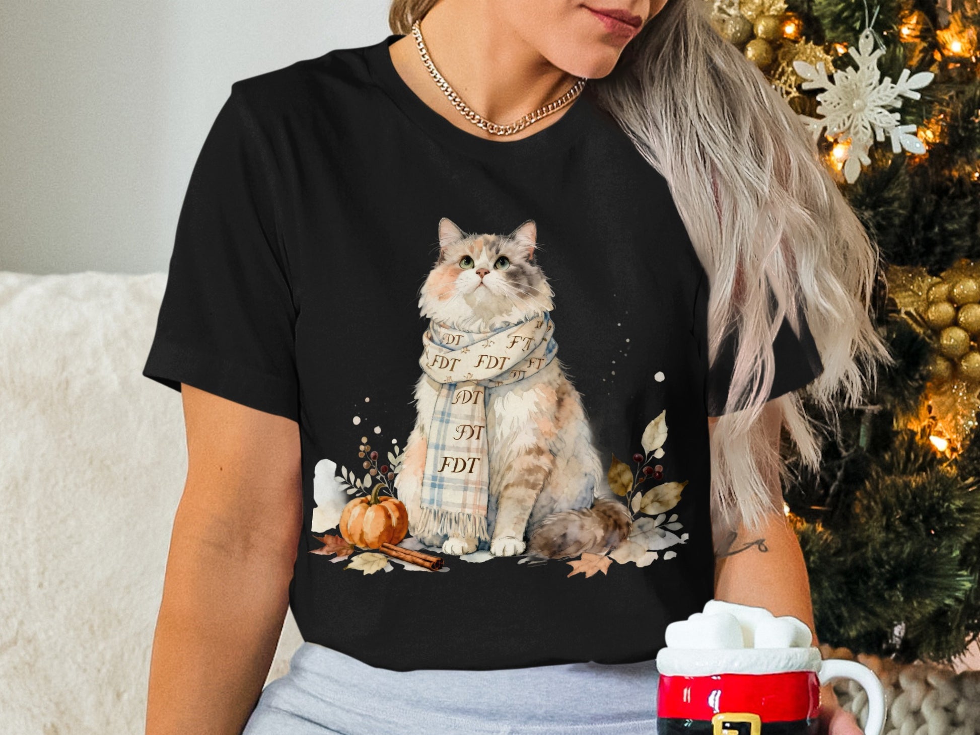 Festive Cat with Scarf Holiday Fashion Tee