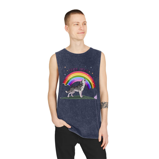 Pride Howl Unisex Stonewash Tank Top - Rainbow Husky Design