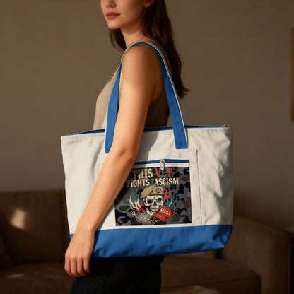 Tote bag with skull graphic, "THIS IS ANTI-FASCISM" text, and "MAGA" logo.