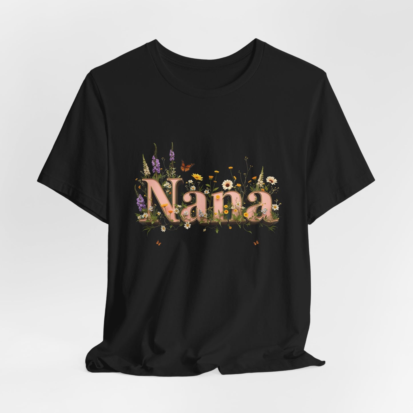Black t-shirt with "Nana" in floral lettering and butterflies.