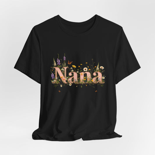 Black t-shirt with "Nana" in floral lettering and butterflies.