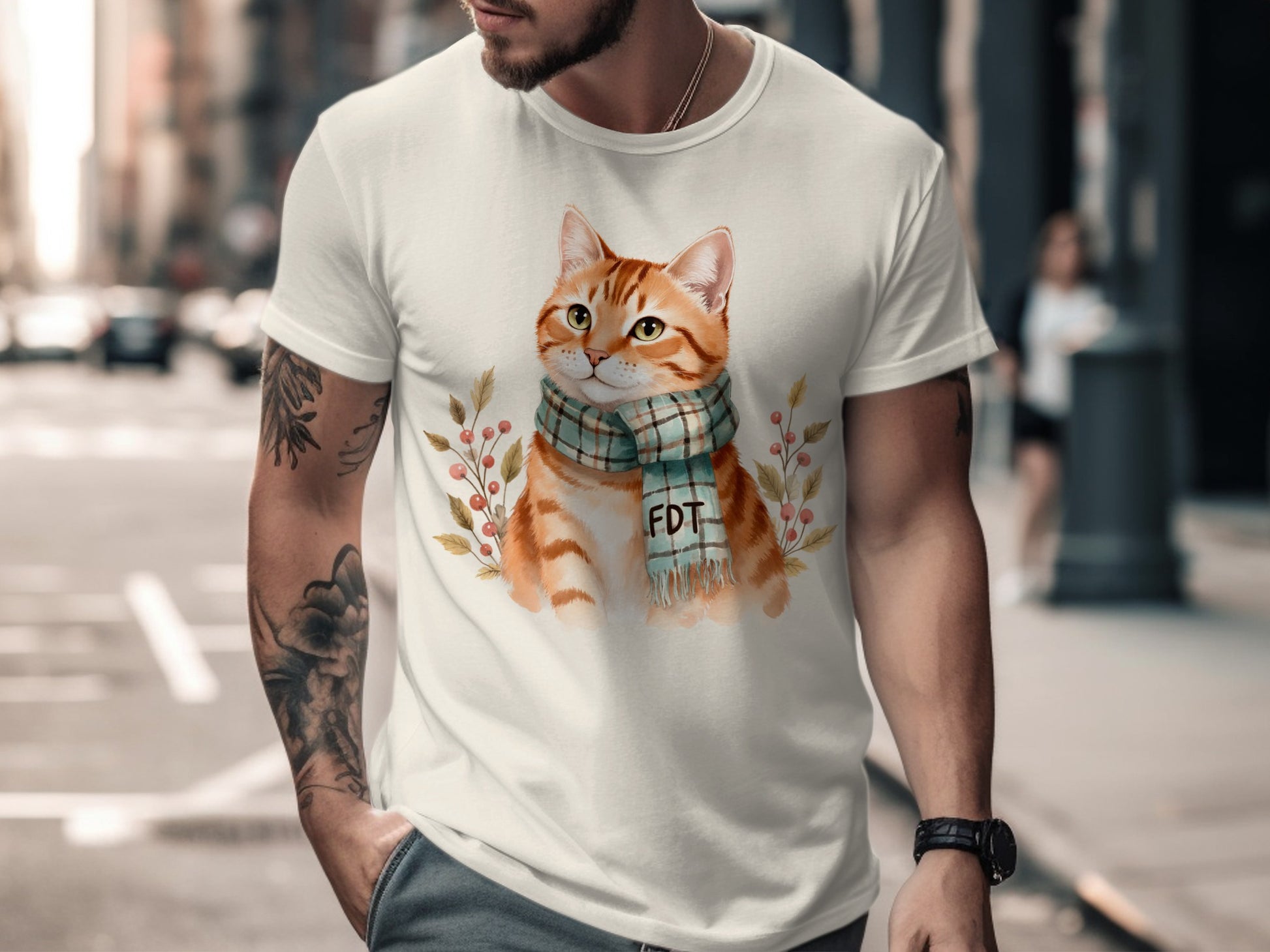 Cat with Scarf and Floral Design T-Shirt Product