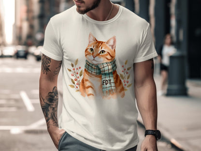 Cat with Scarf and Floral Design T-Shirt Product