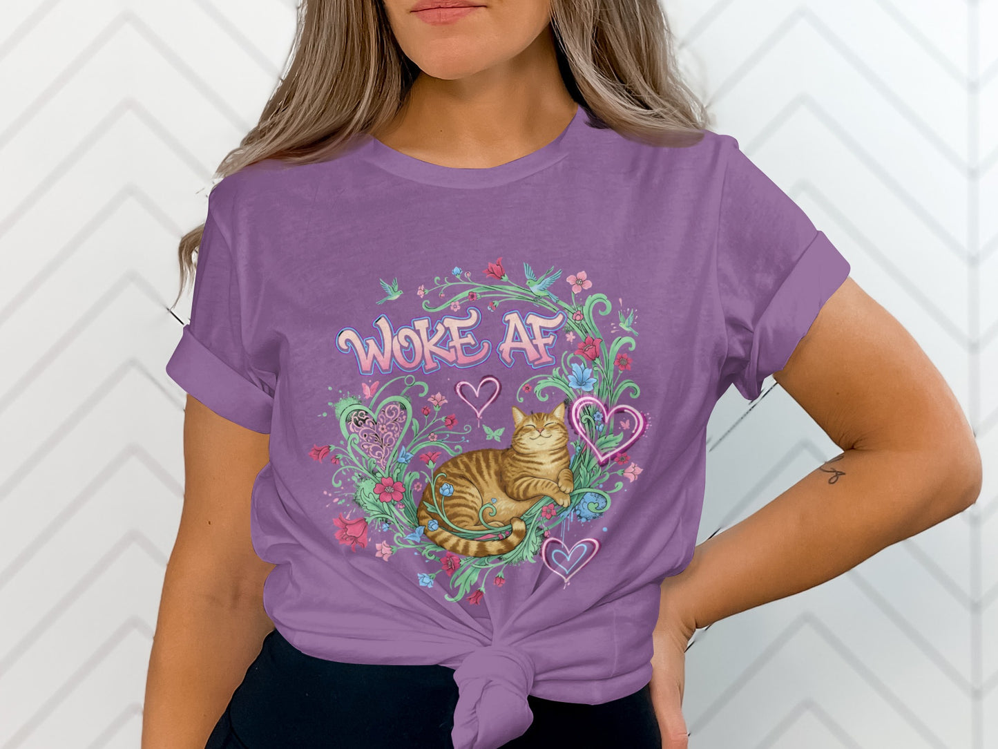 Woke AF Purple Graphic Cat and Hearts Printed T-Shirt