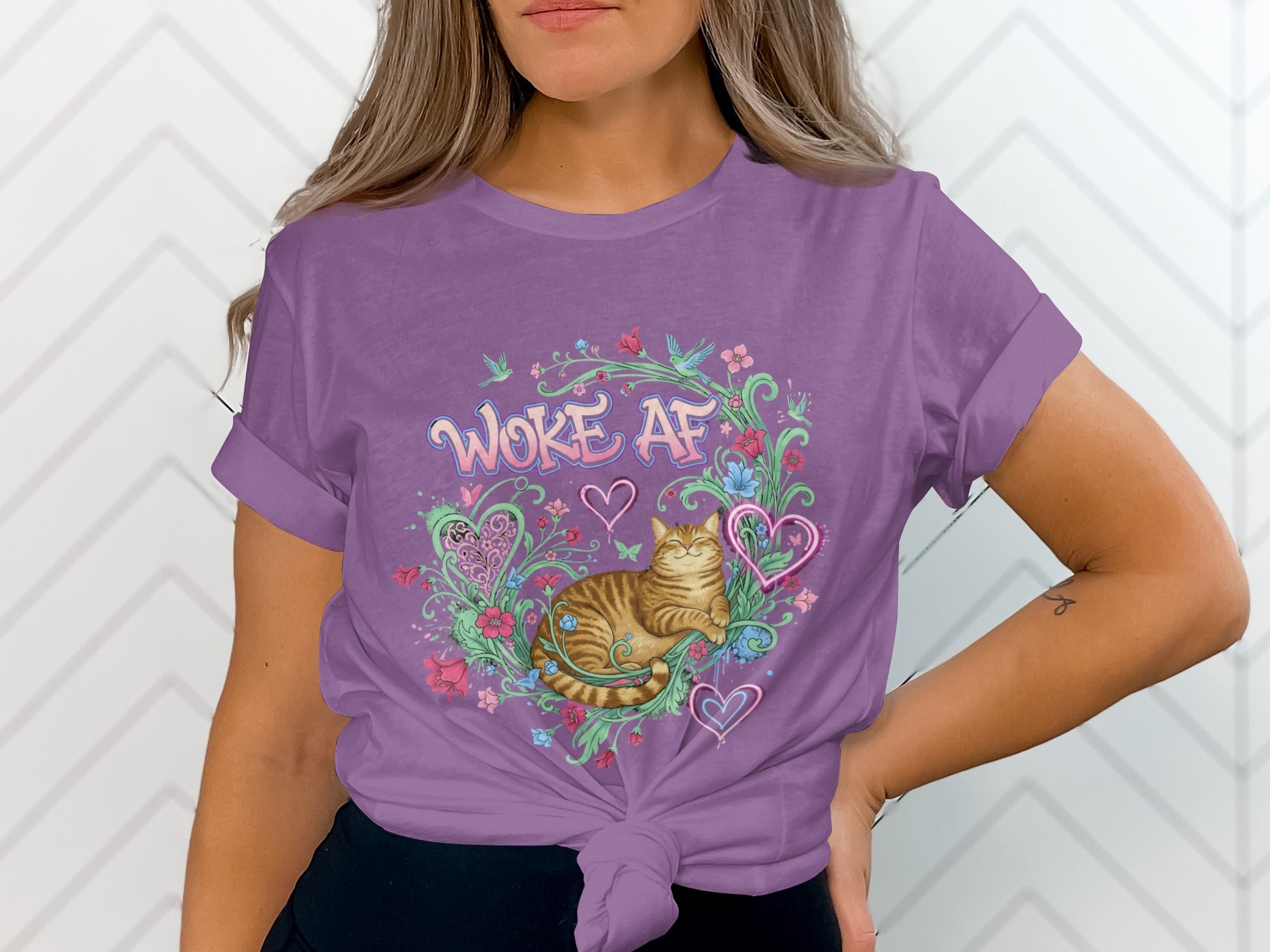 Woke AF Purple Graphic Cat and Hearts Printed T-Shirt