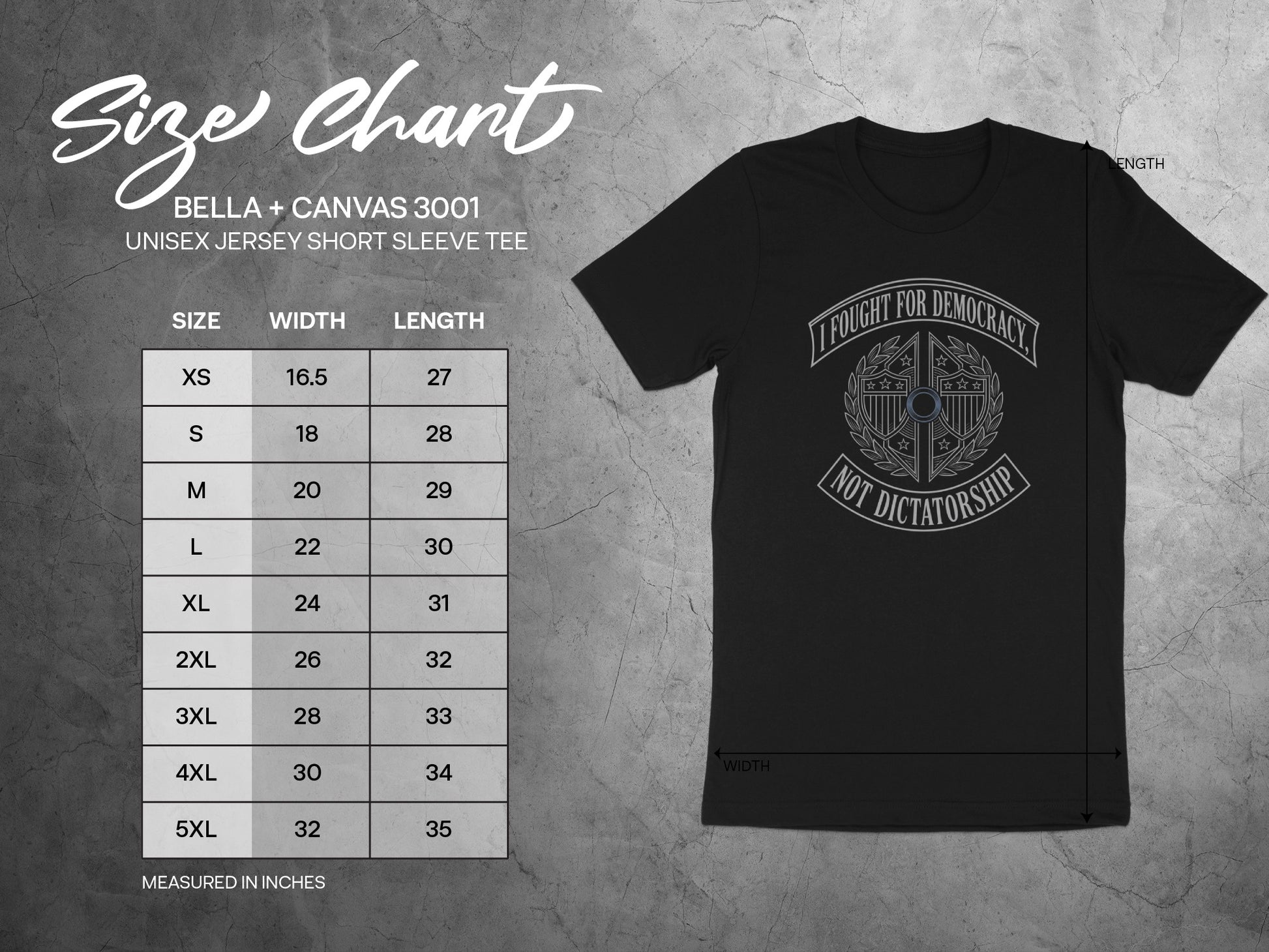 Size chart for Bella + Canvas 3001 unisex short sleeve tee with measurements.