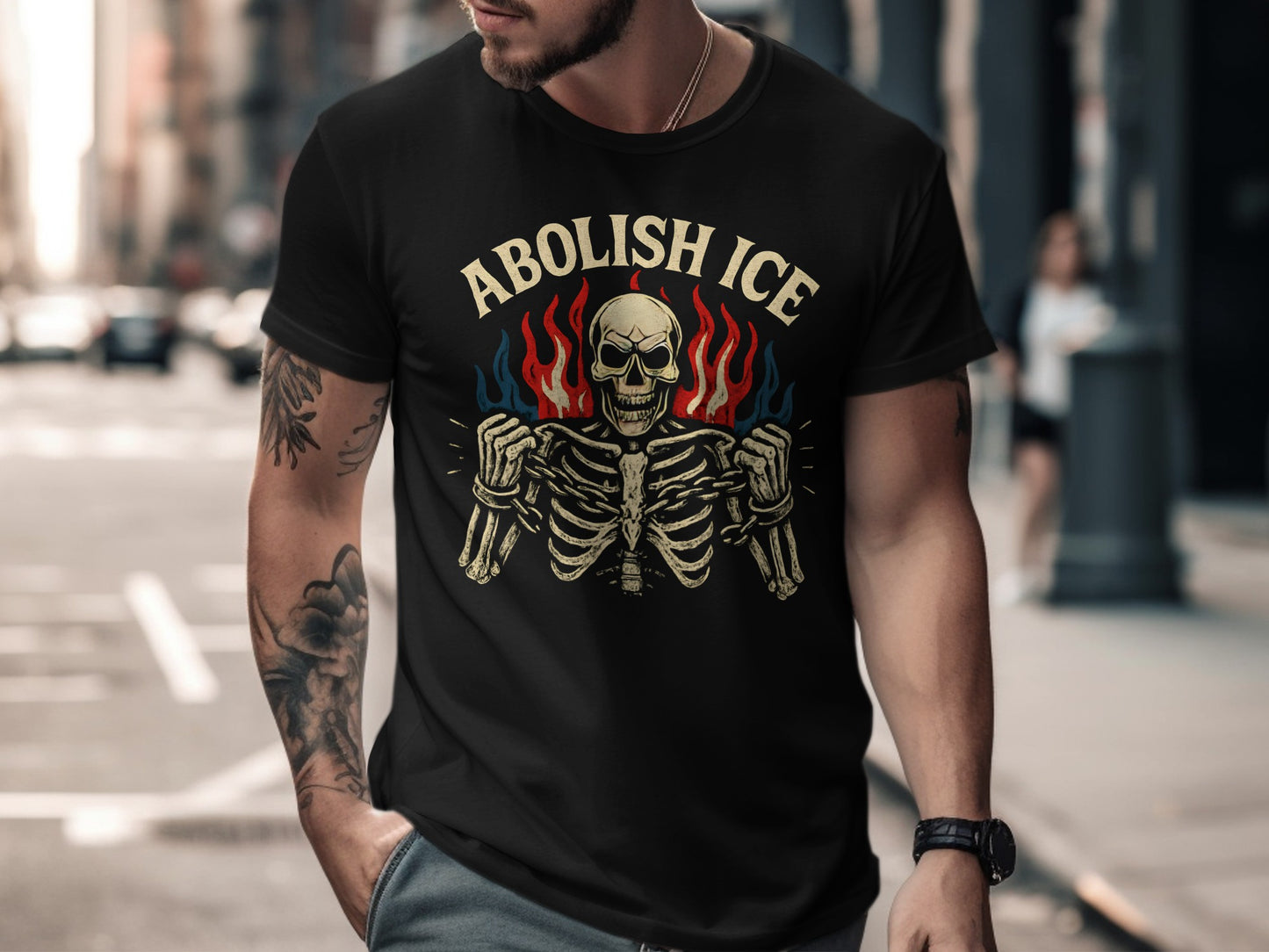 Abolish Ice Skeleton with Flames Graphic T-Shirt product