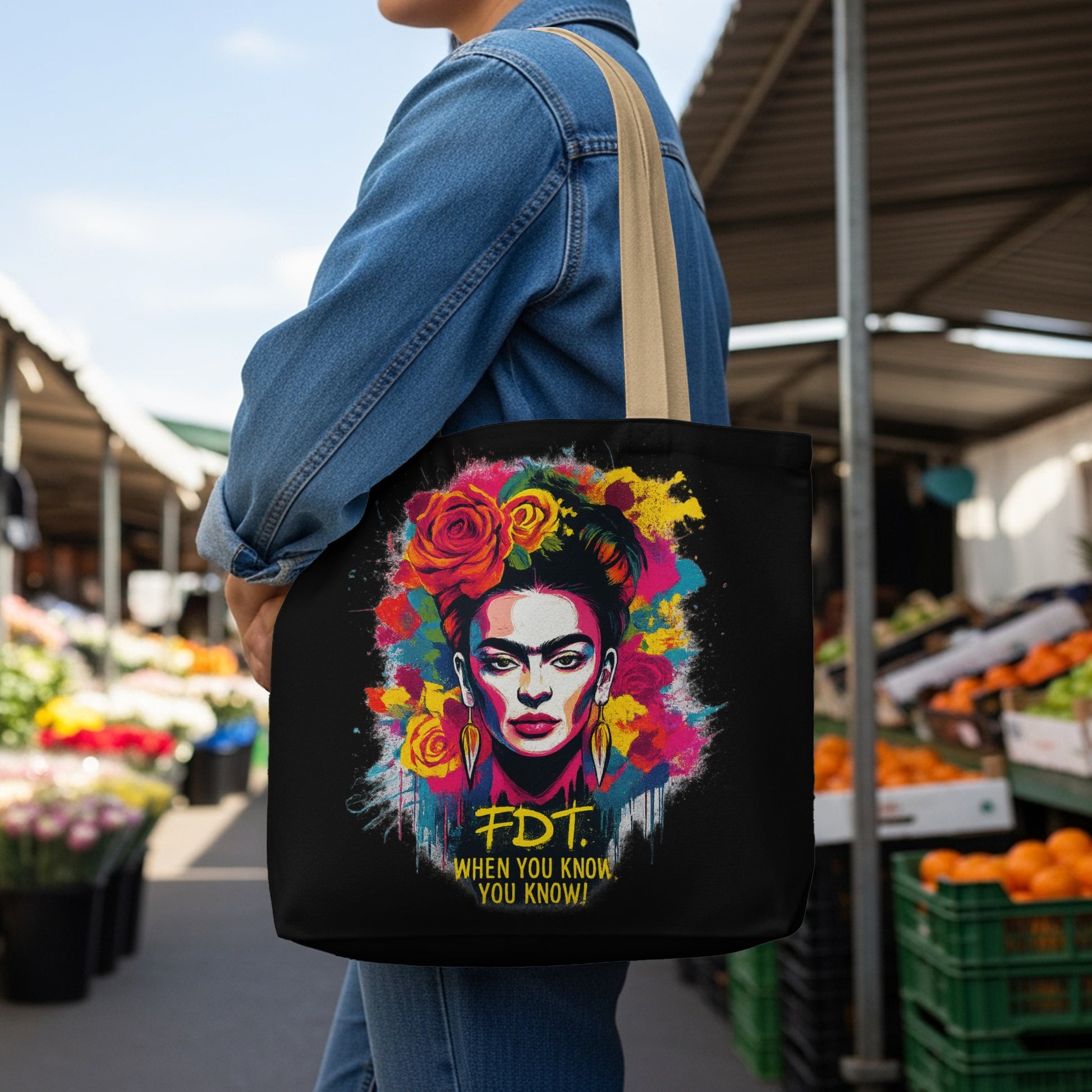 Black tote bag with a Frida Kahlo portrait and "FDT. When you know, you know!" text.