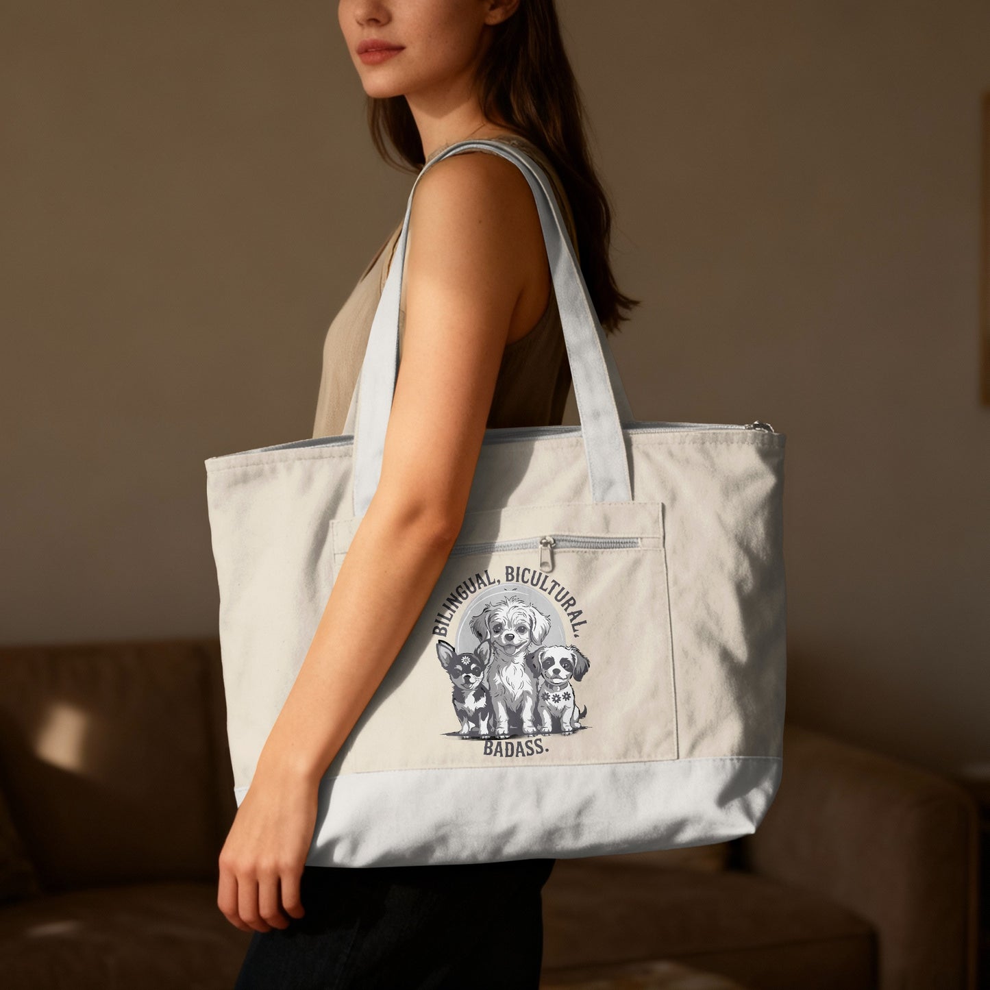 Tote bag with three dogs and text "Bilingual. Bicultural. Badass."