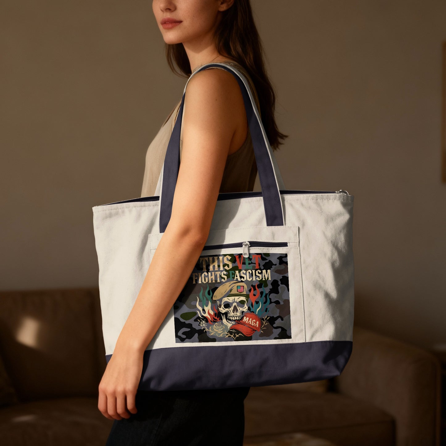 Tote bag with skull, camouflage, and "This is Fascism" text.