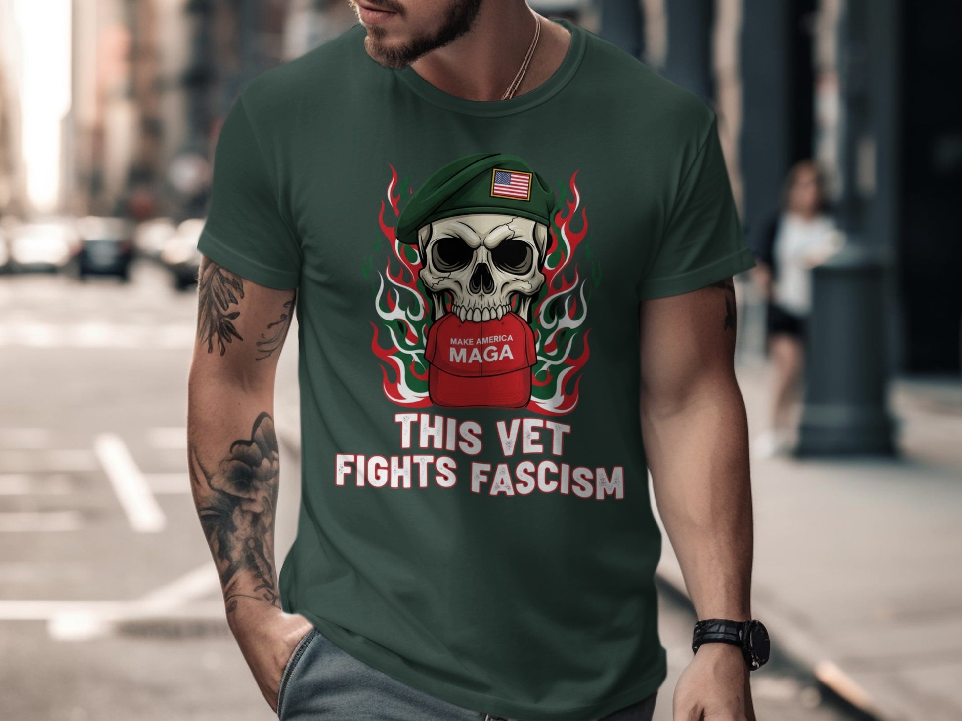 This Vet Fights Fascism Fire Skull Graphic T-shirt